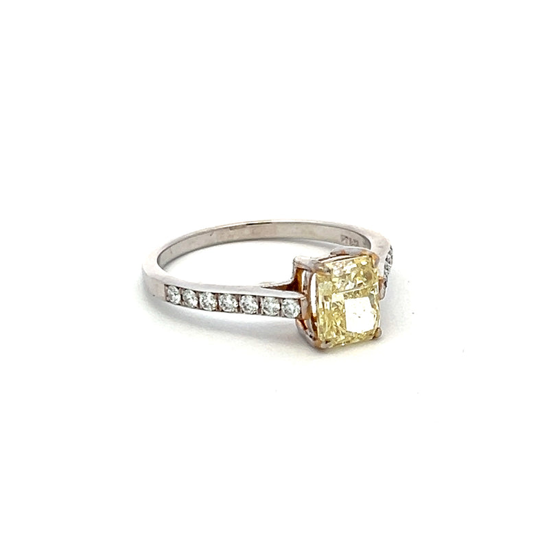 1.37 Carat Radiant Cut Fancy Yellow and Round Diamond 18K Gold/Plat Engagement Ring