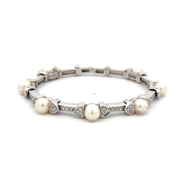 Mikimoto 6.6MM Pearl 0.30 Carat Round Diamond 18K White Gold Cuff Bracelet