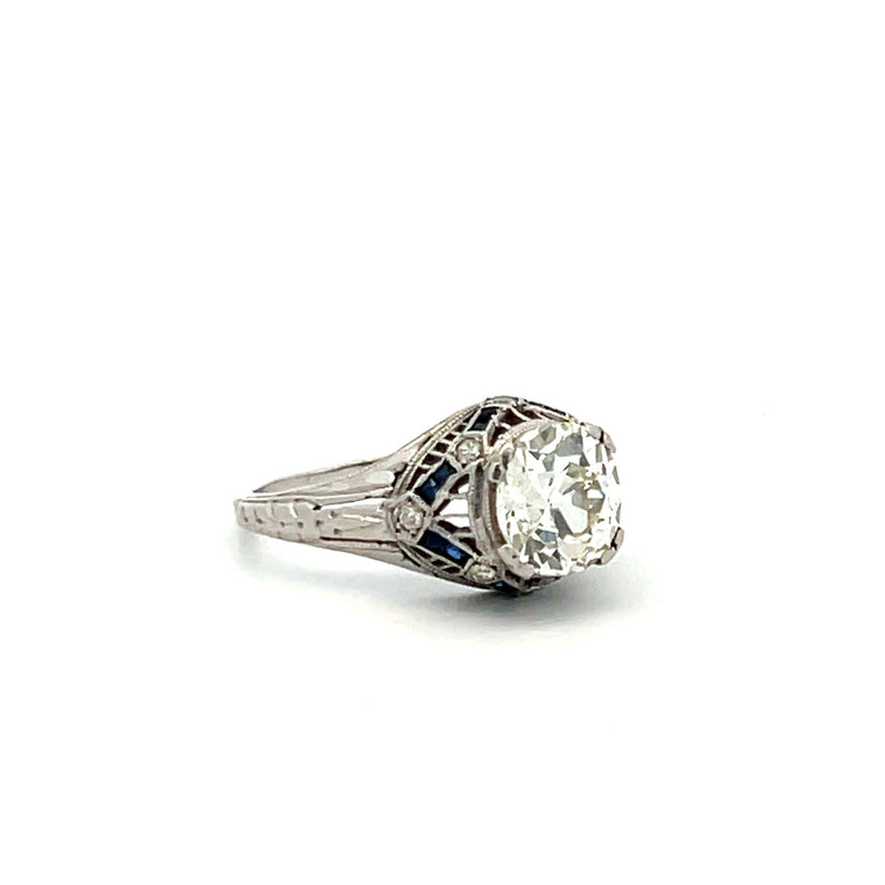 1.74 Carat Old European and Round Diamond 0.08 Carat Sapphire Plat Art Deco Ring