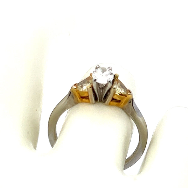 0.80 Carat Oval Shape and Triangular Yellow Diamond 18K Gold Three-Stone Ring