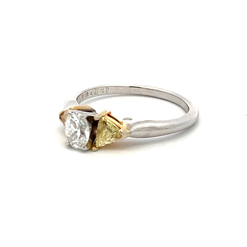 0.80 Carat Oval Shape and Triangular Yellow Diamond 18K Gold Three-Stone Ring