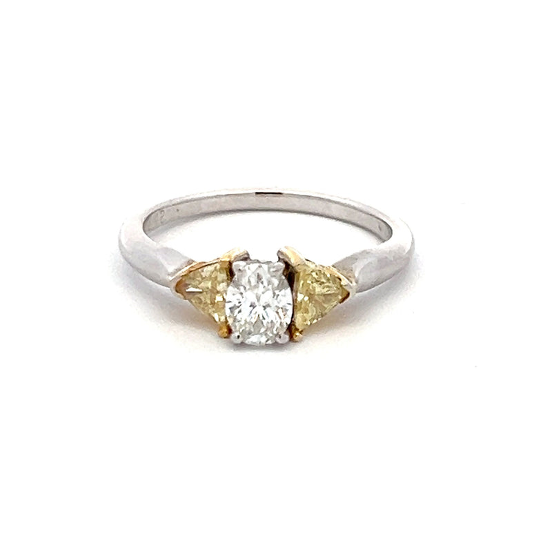 0.80 Carat Oval Shape and Triangular Yellow Diamond 18K Gold Three-Stone Ring