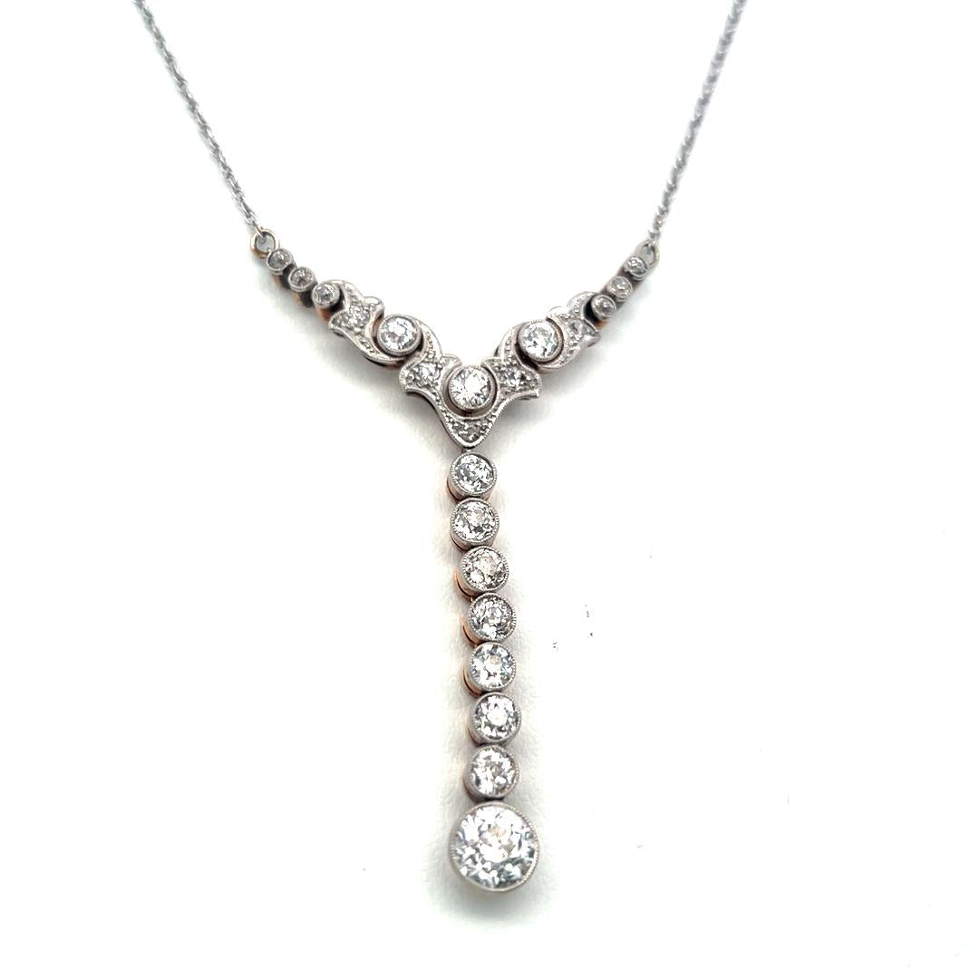 14K Two Tone Gold/Plat Pendant Necklace with 2.6 Carat Old European H SI Diamond