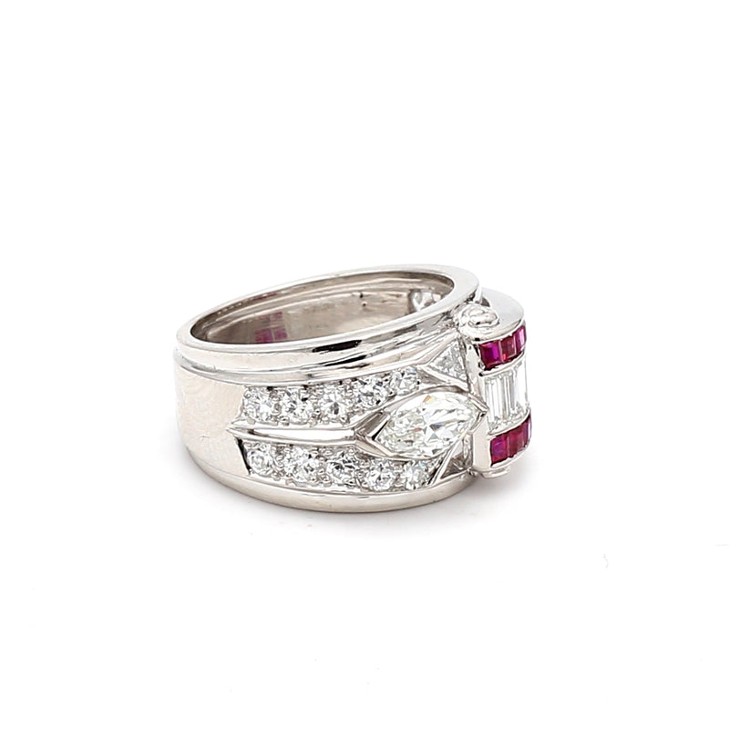 1.45 Carat Round Brilliant and Other Mix Cut Diamond And Ruby Platinum Band Ring