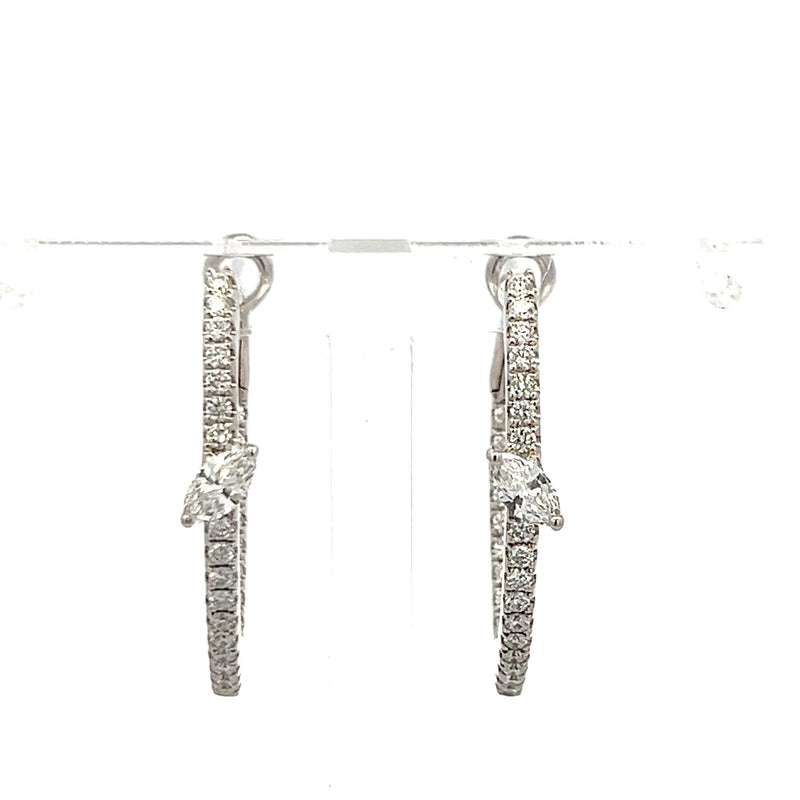 0.90 Carat Round Brilliant and Marquis Shape Diamond 14K WG Hoop Earrings