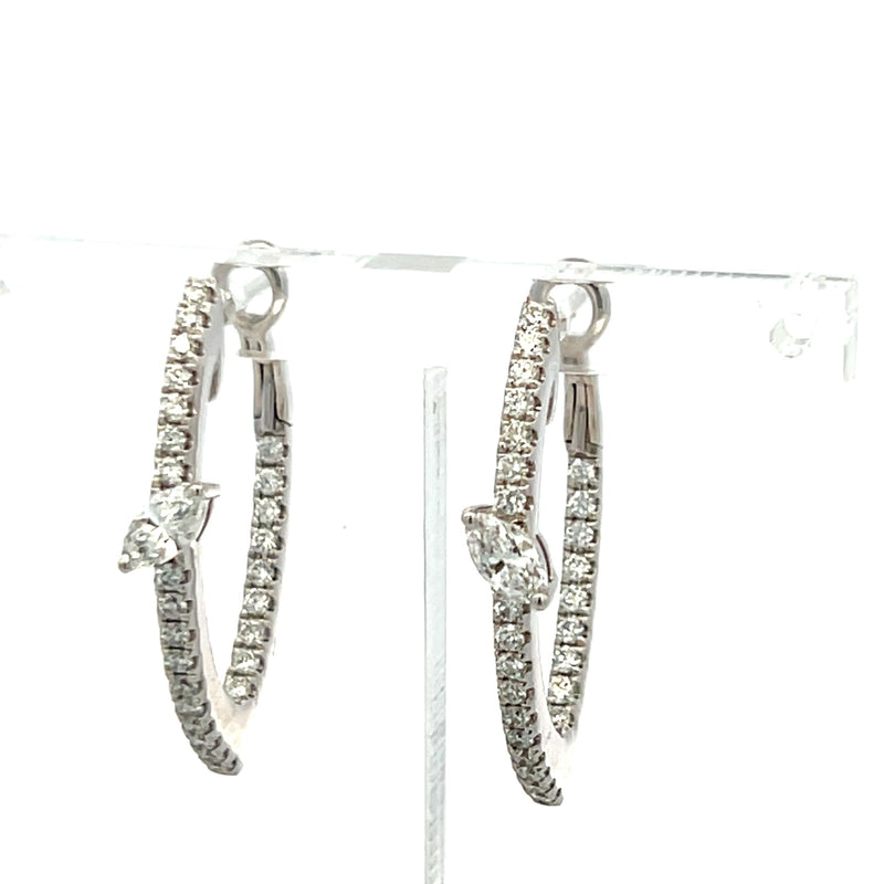 0.90 Carat Round Brilliant and Marquis Shape Diamond 14K WG Hoop Earrings