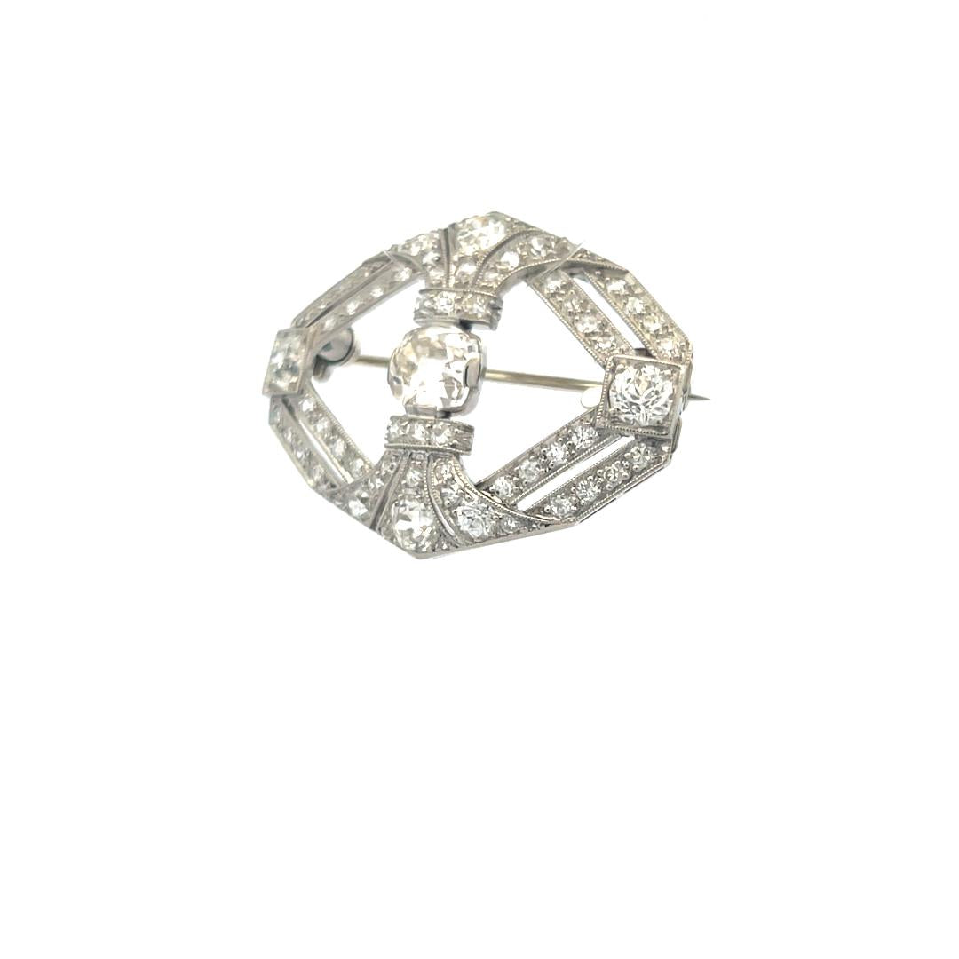3.44 Carat Old European Cut and Old Miner Cut Diamond Platinum Pin Brooch