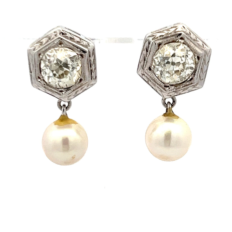 2.00 Carat Old European Diamond 7MM Pearl 14K White Gold Dangling Earrings