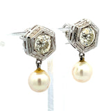 2.00 Carat Old European Diamond 7MM Pearl 14K White Gold Dangling Earrings