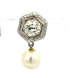 2.00 Carat Old European Diamond 7MM Pearl 14K White Gold Dangling Earrings