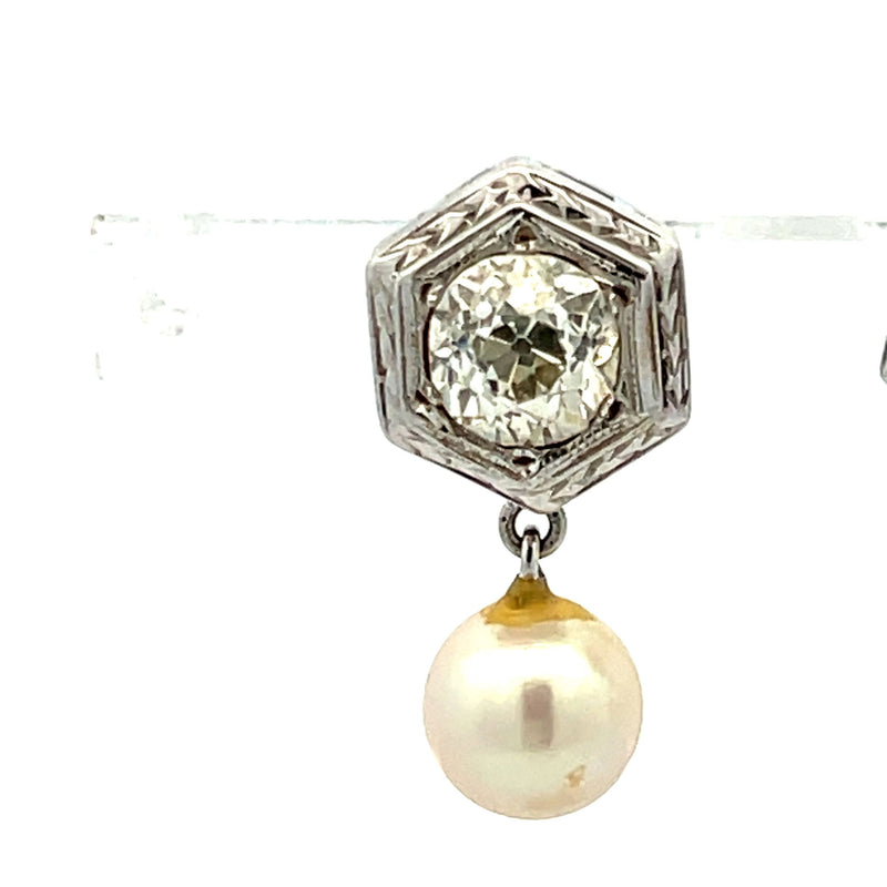 2.00 Carat Old European Diamond 7MM Pearl 14K White Gold Dangling Earrings