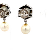 2.00 Carat Old European Diamond 7MM Pearl 14K White Gold Dangling Earrings