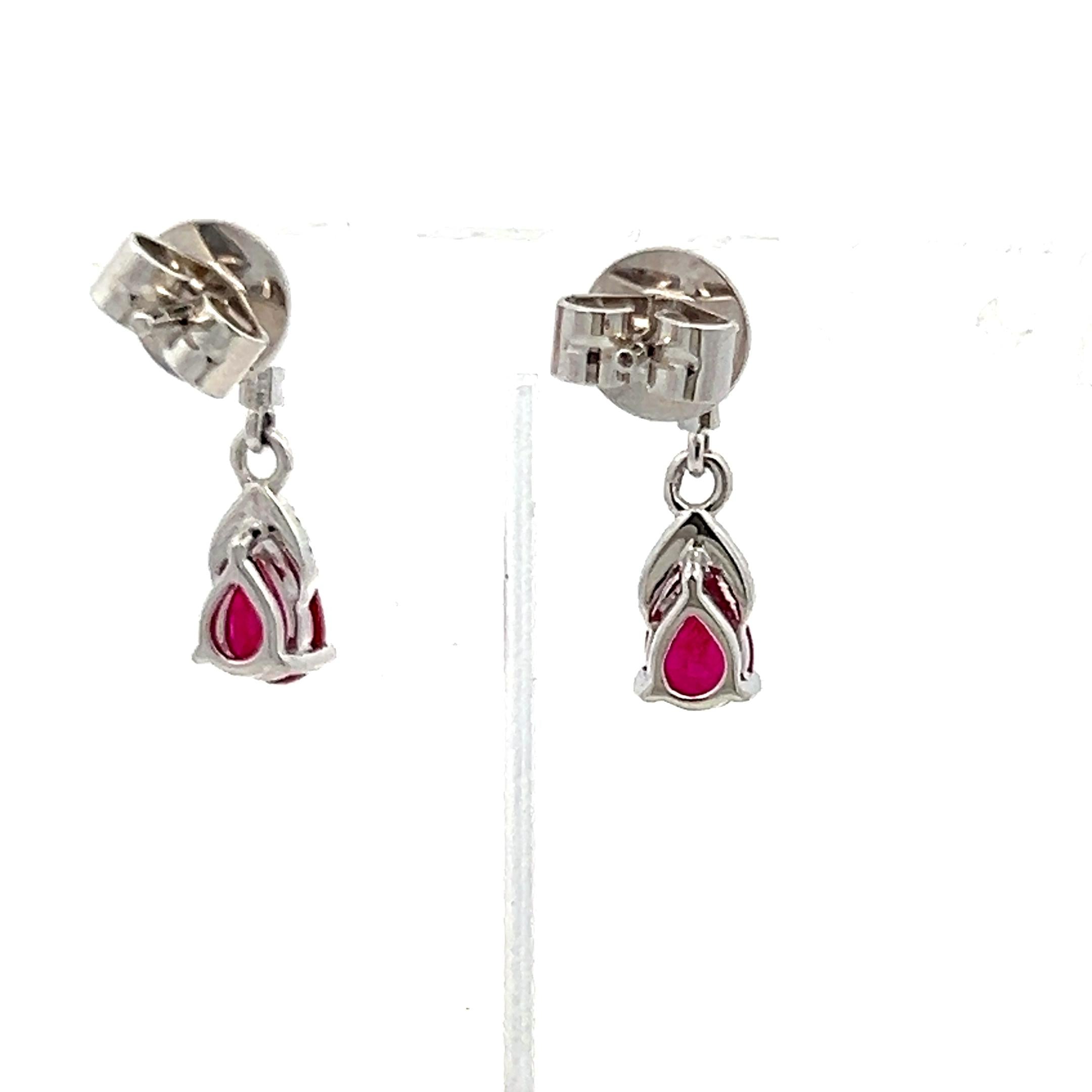 1.02 Carat Ruby 0.10 Carat Round Brilliant Diamond 18K WG Dangling Earrings