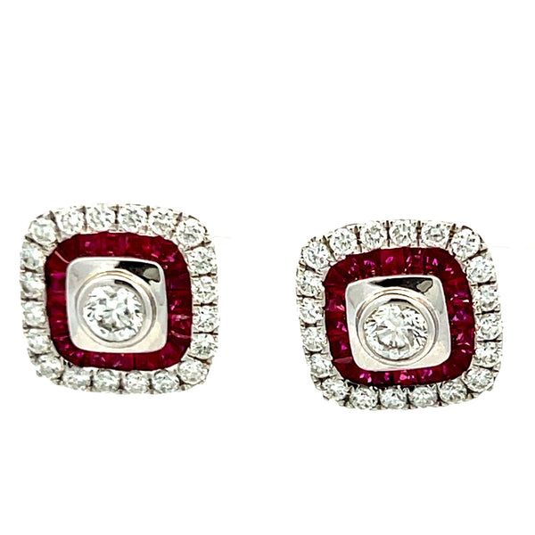 1.21 Carat Round Brilliant Diamond 0.82 Carat Ruby 18K White Gold Stud Earrings