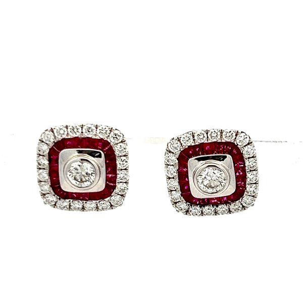 1.21 Carat Round Brilliant Diamond 0.82 Carat Ruby 18K White Gold Stud Earrings