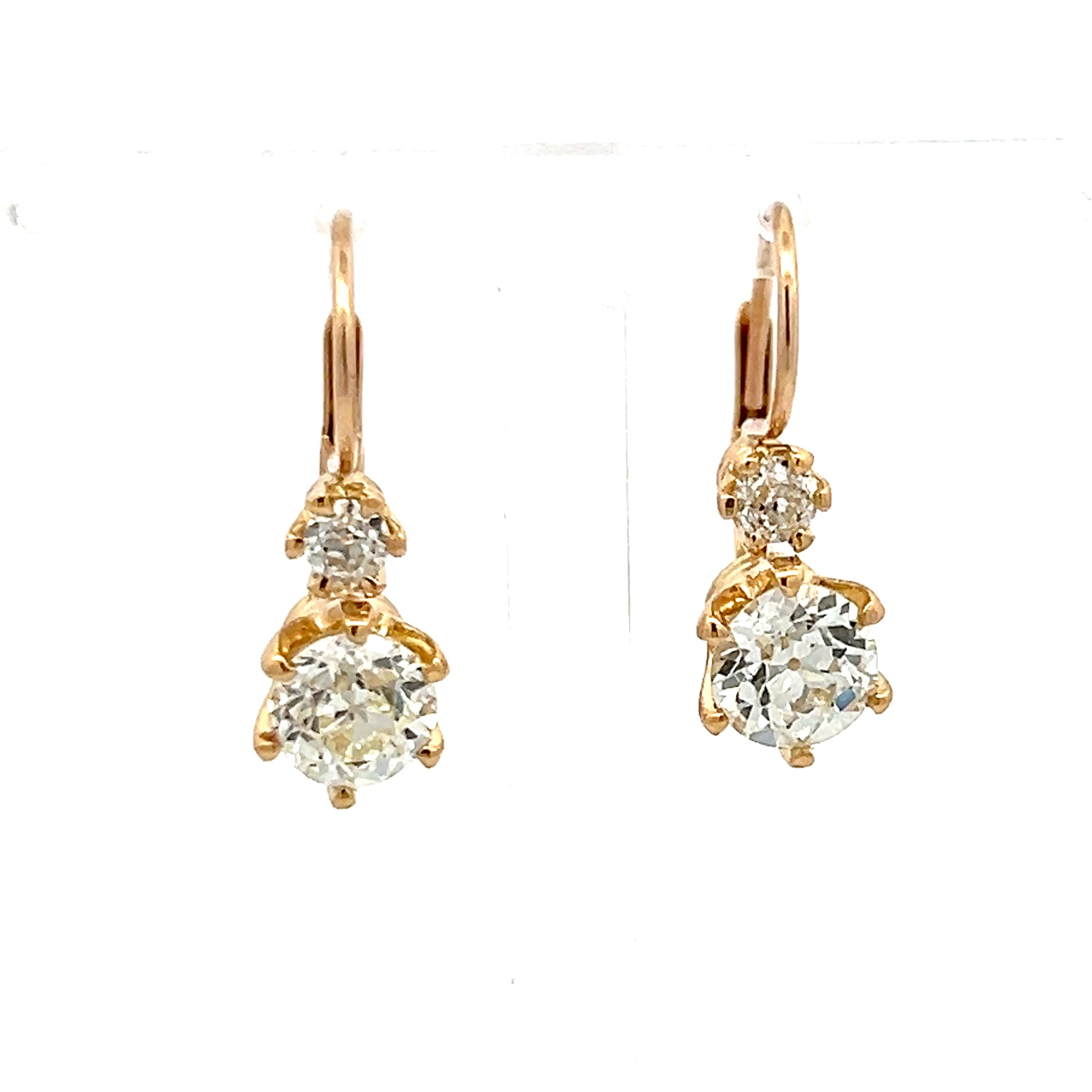 2.40 Carat Old European and Circular Brilliant Diamond 18K YG Leverback Earrings