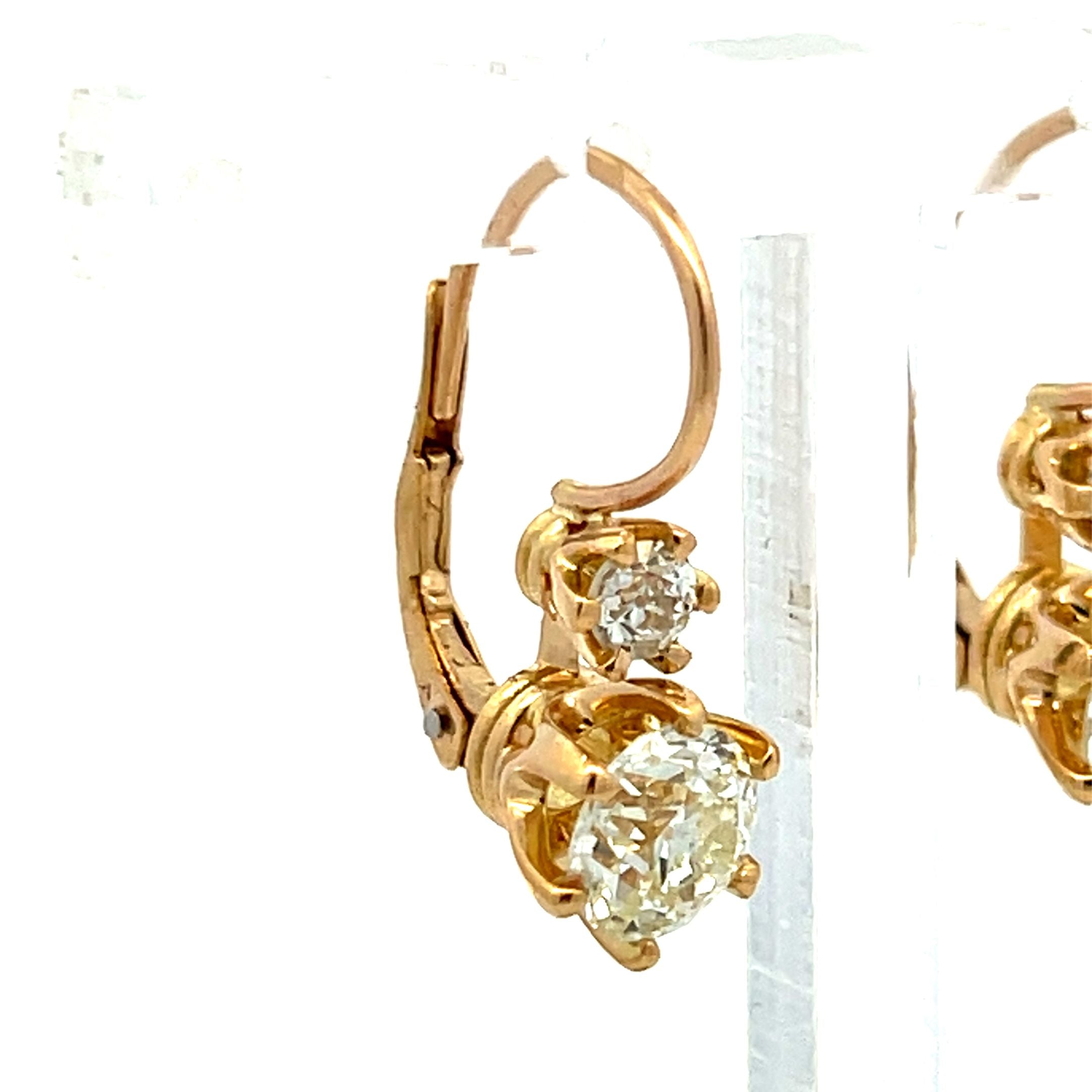 2.40 Carat Old European and Circular Brilliant Diamond 18K YG Leverback Earrings