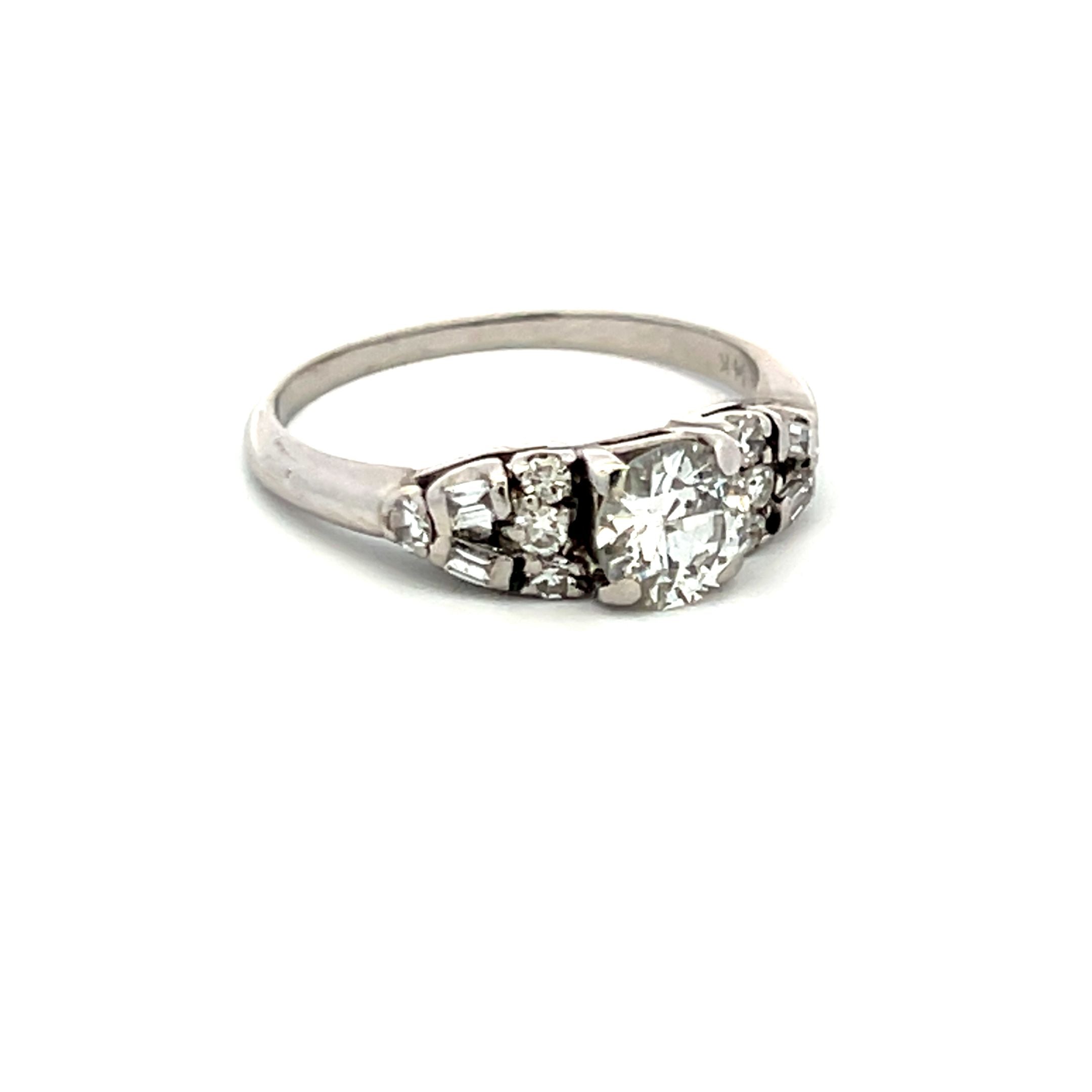 1.07 Carat Old European Cut and Baguette ShapeDiamond 14K White Gold Art Deco Ring