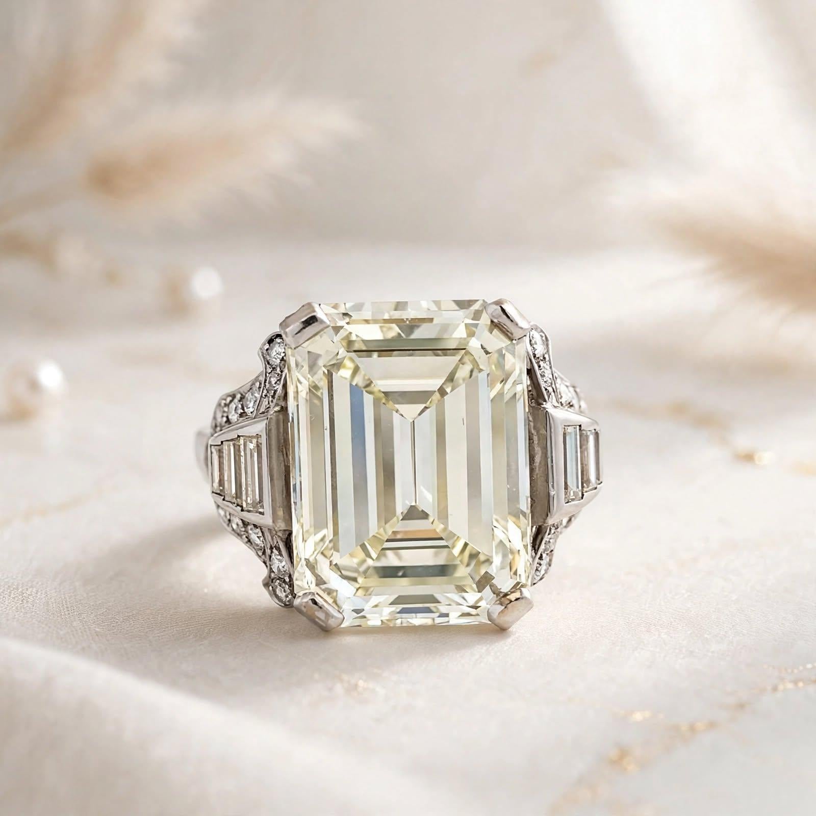 Platinum Art Deco Ring with 13.64ct Emerald & Mixed Cut Diamond Size 9 M VS1 GIA
