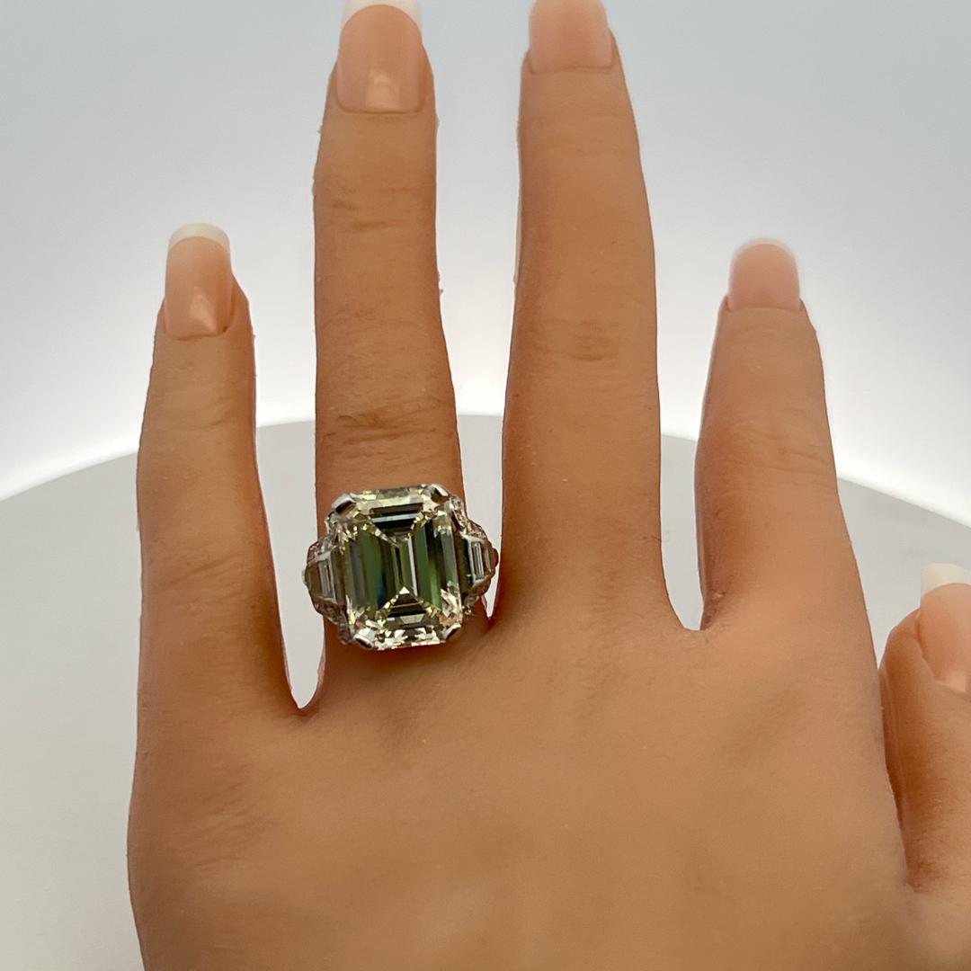 Platinum Art Deco Ring with 13.64ct Emerald & Mixed Cut Diamond Size 9 M VS1 GIA