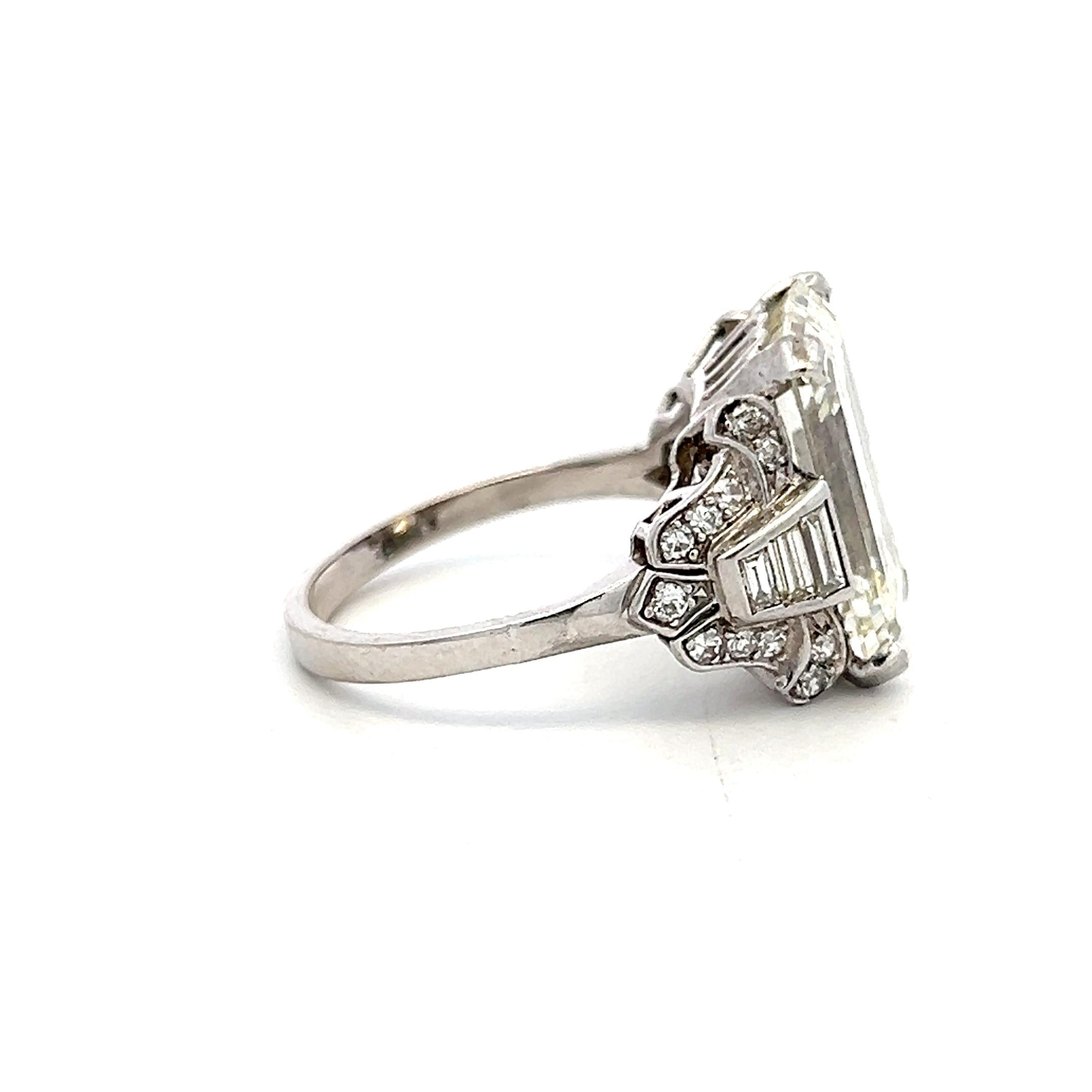 Platinum Art Deco Ring with 13.64ct Emerald & Mixed Cut Diamond Size 9 M VS1 GIA