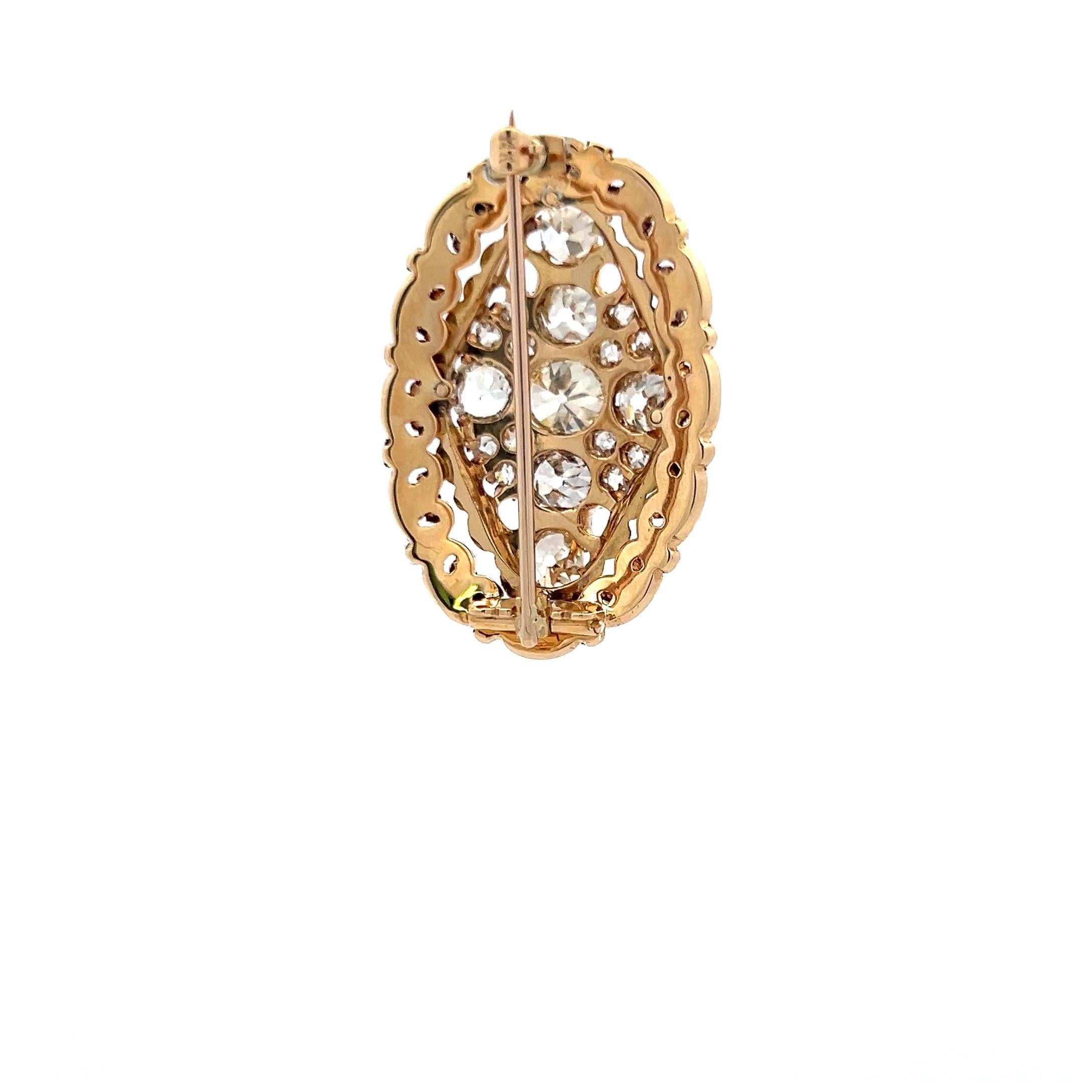 2.76 Carat Old European Cut I VS1-VS2 Diamond 14 Karat Yellow Gold Pin Brooch