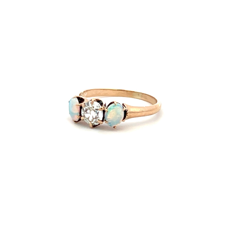 1.00 Carat Opal 0.42 Carat Old European Cut Diamond 14K YG Three-Stone Ring