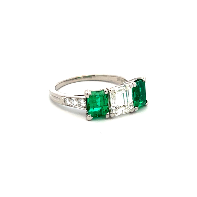 Tiffany & Co 1.50 Carat Emerald 1.34 Carat Diamond Platinum Three-Stone Ring