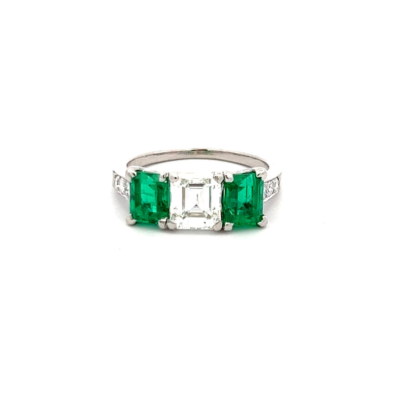 Tiffany & Co 1.50 Carat Emerald 1.34 Carat Diamond Platinum Three-Stone Ring