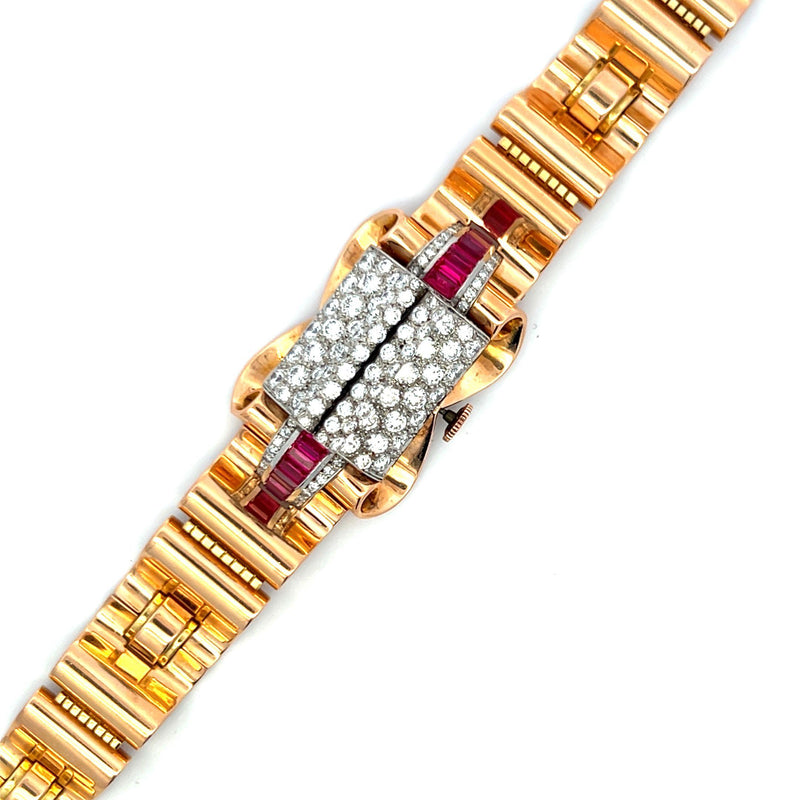 6.75 Carat Round Diamond 1.20 Carat Ruby 18 Karat Two Tone Gold Bracelet Watch