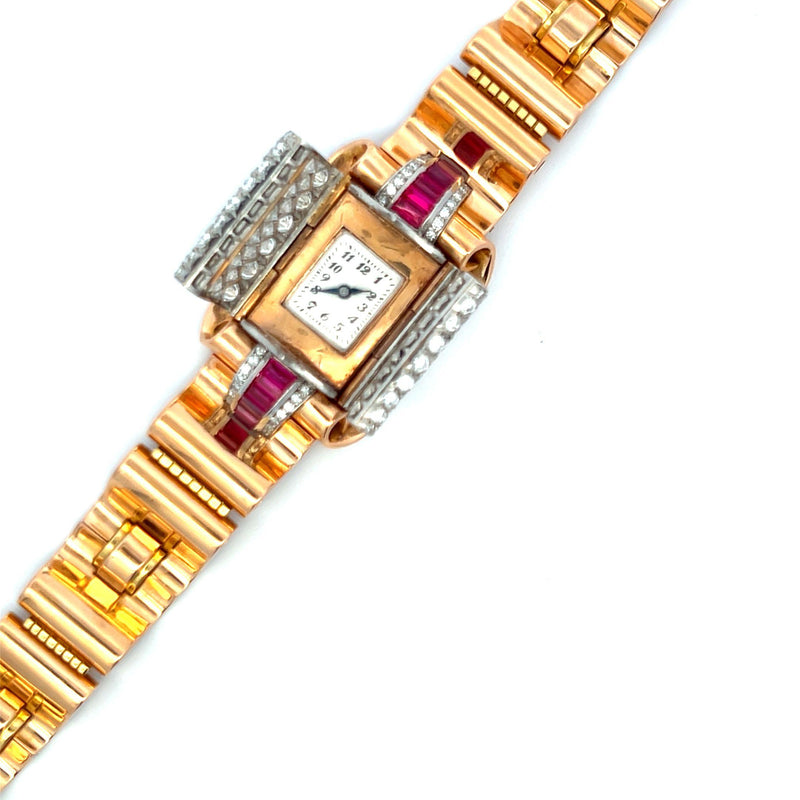 6.75 Carat Round Diamond 1.20 Carat Ruby 18 Karat Two Tone Gold Bracelet Watch