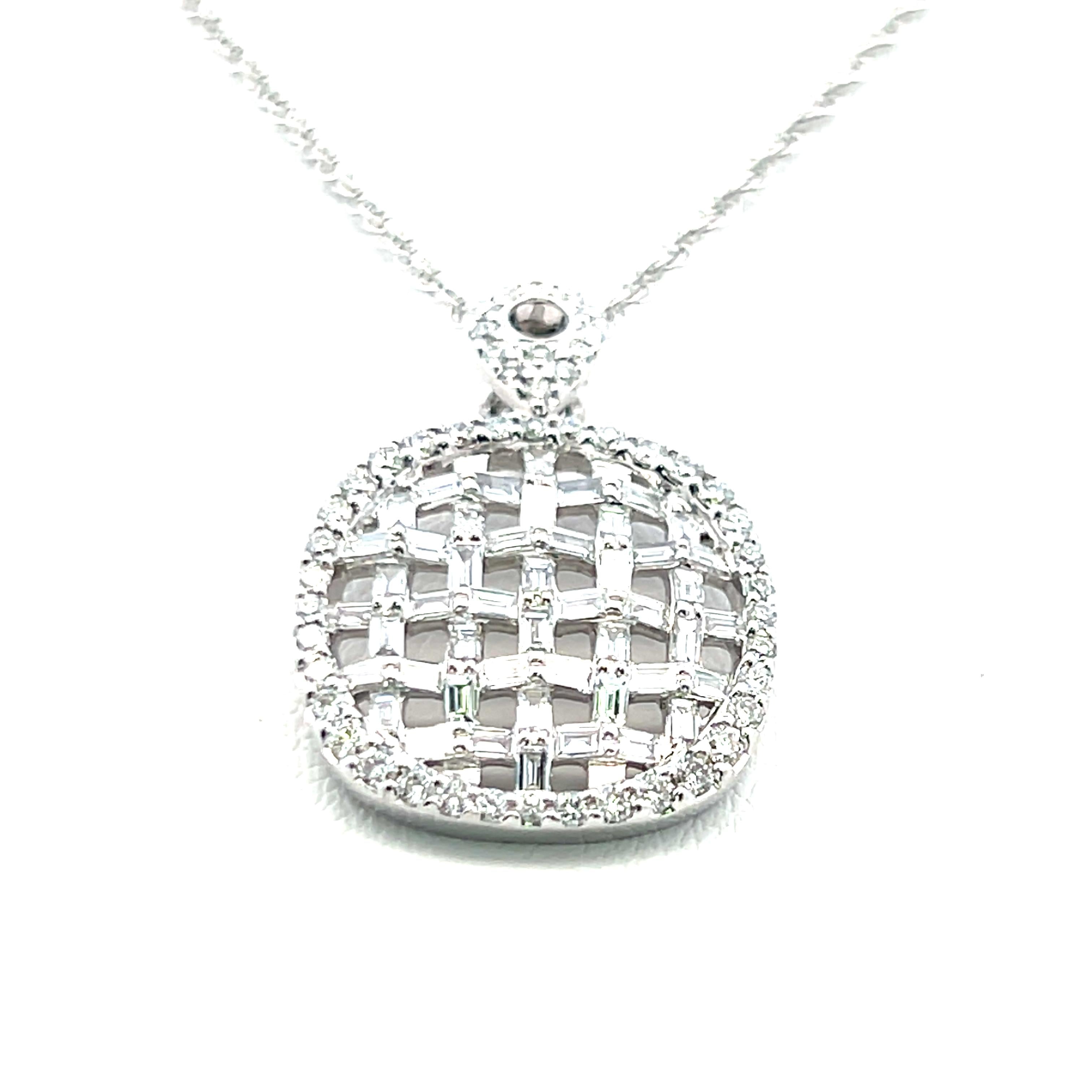 1.30 Carat Round Brilliant and Baguette Diamond 14K White Gold Pendant Necklace