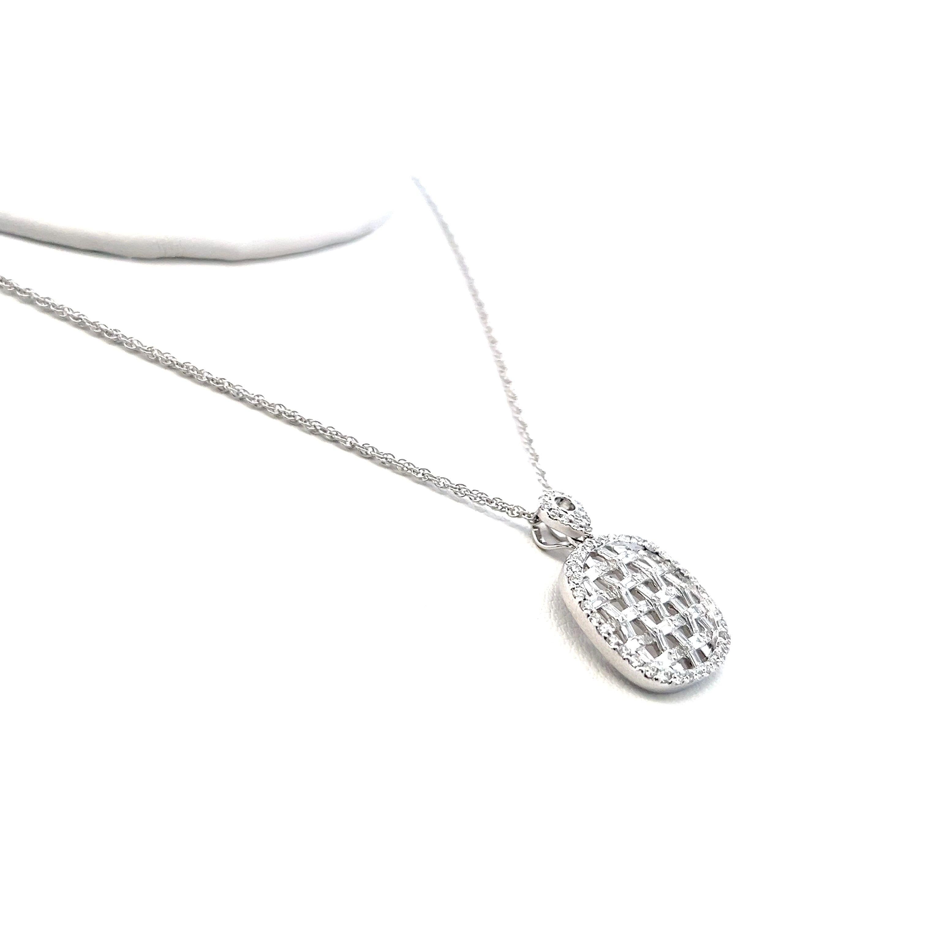 1.30 Carat Round Brilliant and Baguette Diamond 14K White Gold Pendant Necklace