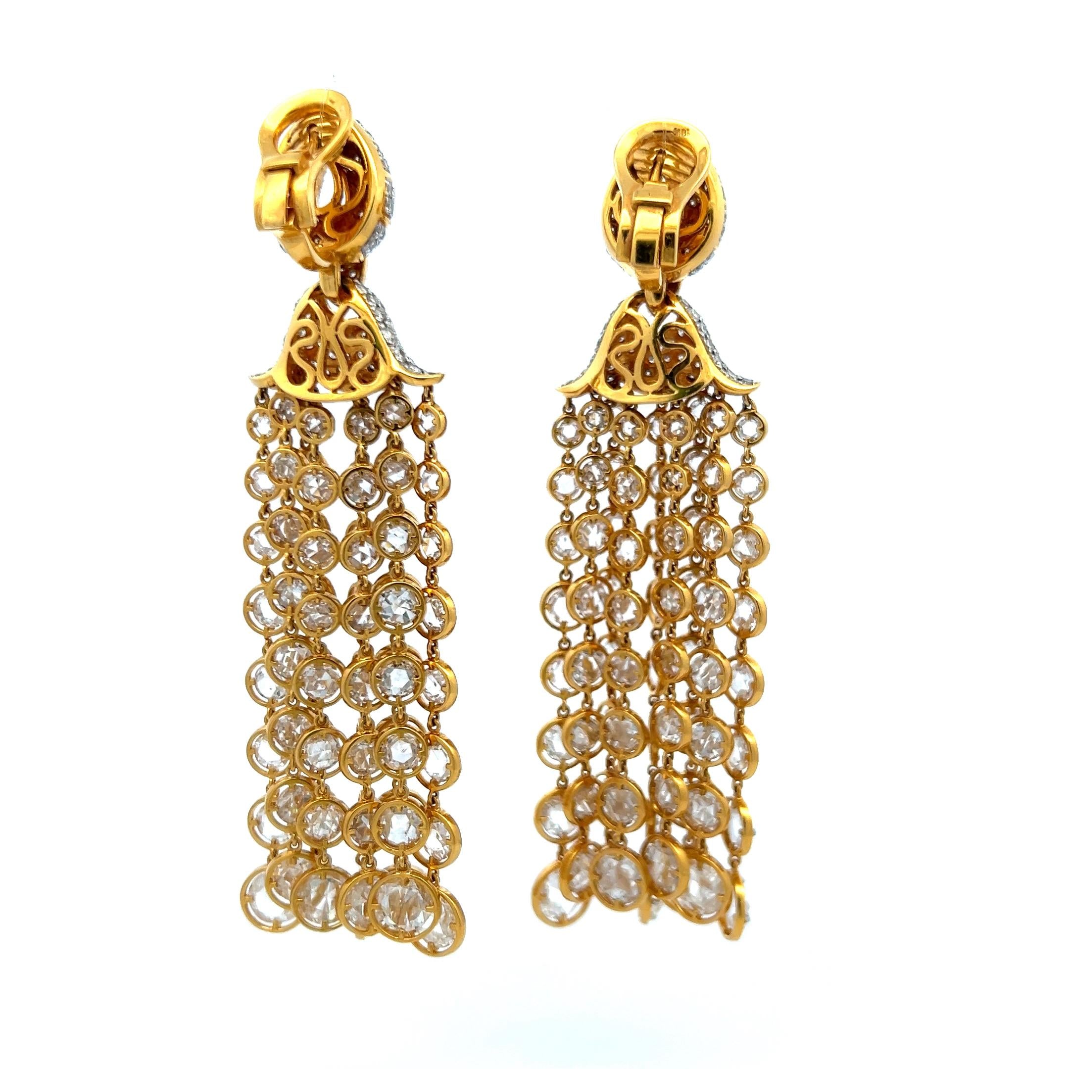 25.00ct E-VS1 Rose Cut & Round Diamond 18K Yellow Gold Chandelier Earrings