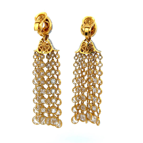 25.00ct E-VS1 Rose Cut & Round Diamond 18K Yellow Gold Chandelier Earrings