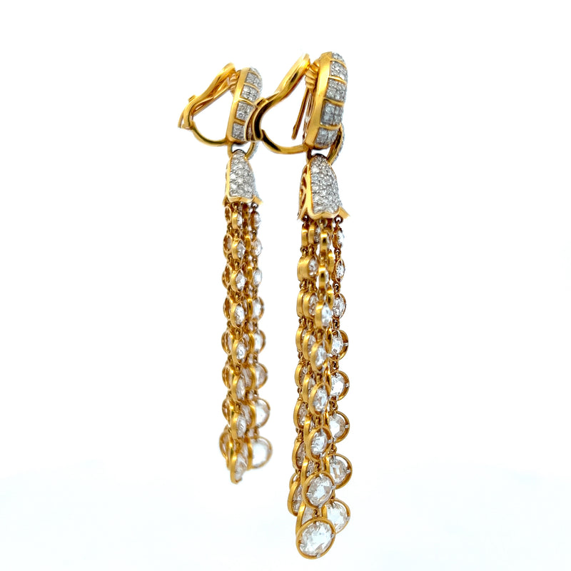 25.00 Carat Rose Cut and Round Diamond 18 Karat Yellow Gold Chandelier Earrings