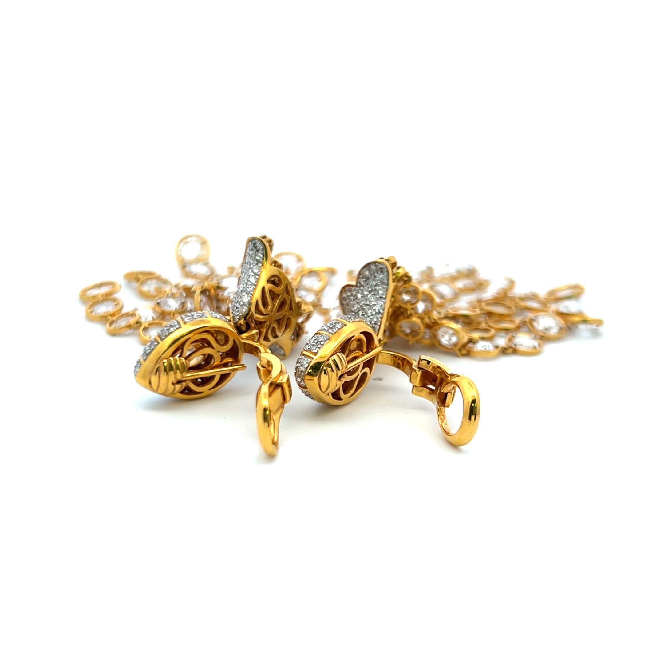 25.00ct E-VS1 Rose Cut & Round Diamond 18K Yellow Gold Chandelier Earrings