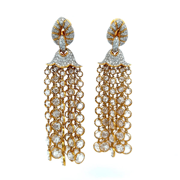 25.00ct E-VS1 Rose Cut & Round Diamond 18K Yellow Gold Chandelier Earrings