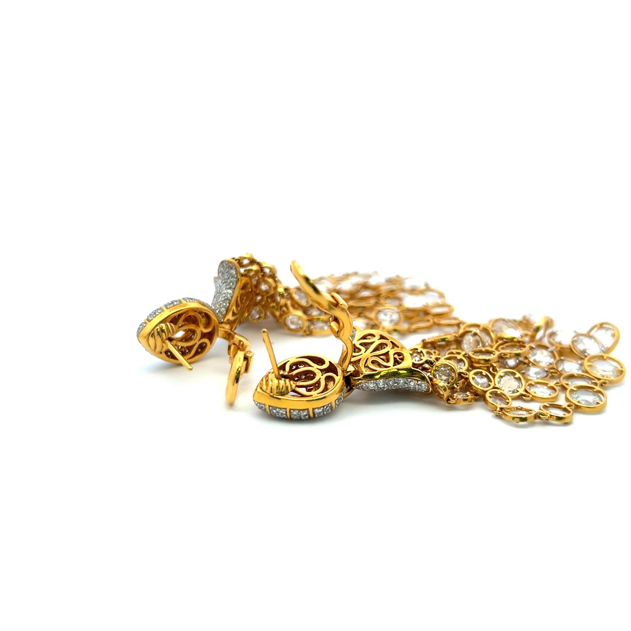 25.00ct E-VS1 Rose Cut & Round Diamond 18K Yellow Gold Chandelier Earrings