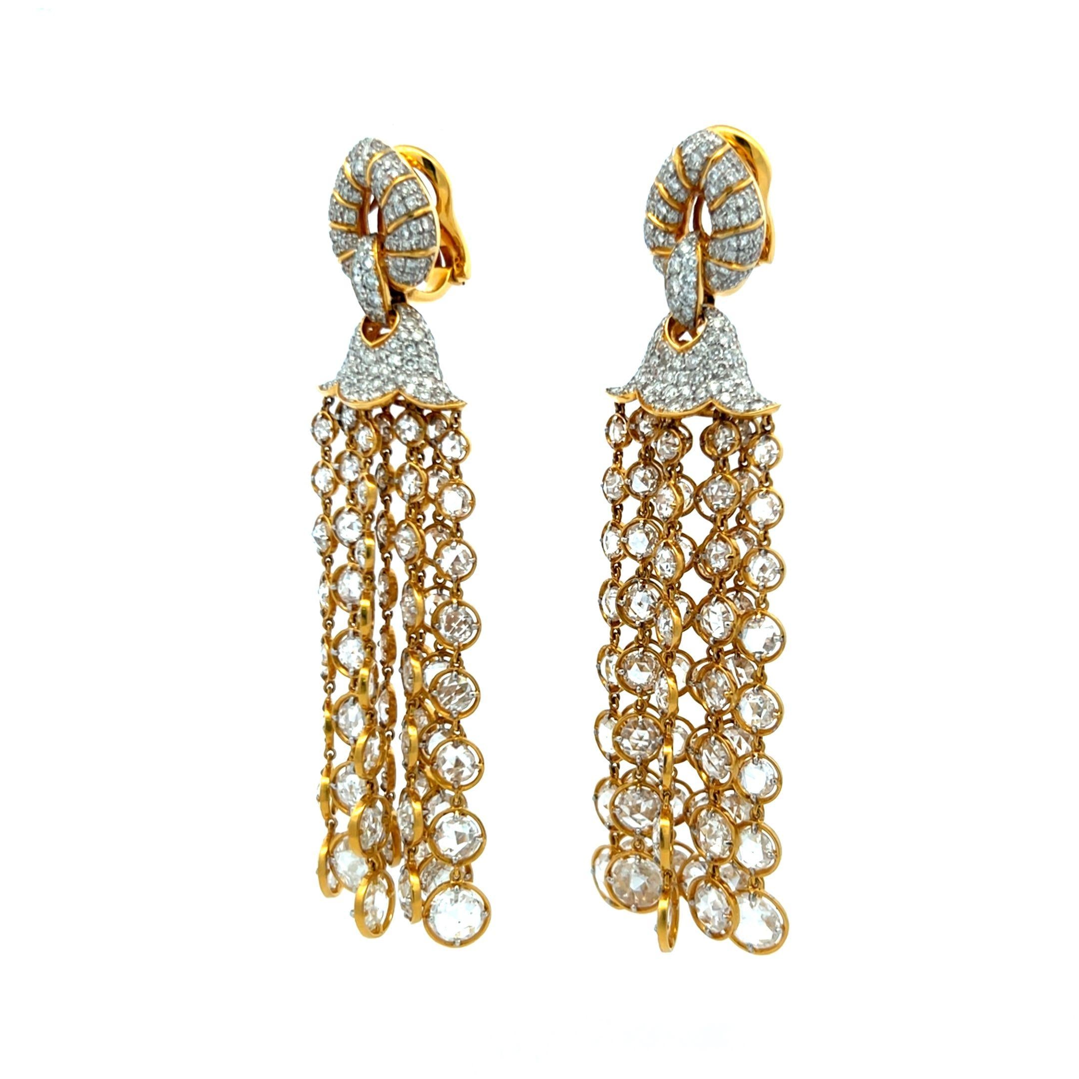 25.00ct E-VS1 Rose Cut & Round Diamond 18K Yellow Gold Chandelier Earrings