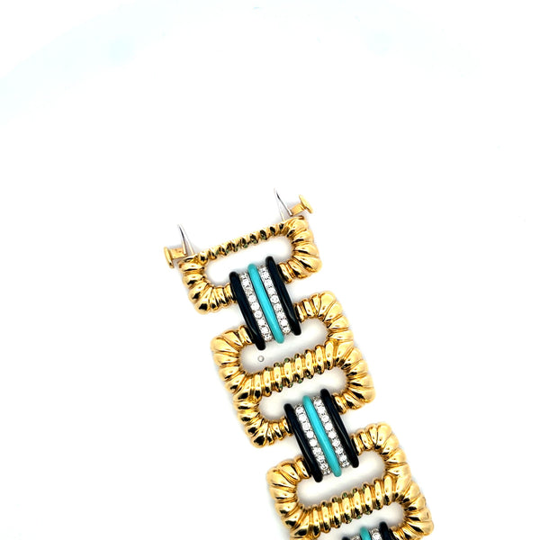 3.00 Carat Round Brilliant Diamond Onyx and Turquoise 18K Two Tone Gold Link Bracelet