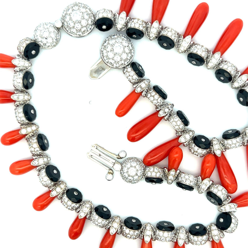 33.70 Carat Round Brilliant Diamond Onyx and Coral 18K WG Dangling Necklace