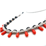 33.70 Carat Round Brilliant Diamond Onyx and Coral 18K WG Dangling Necklace