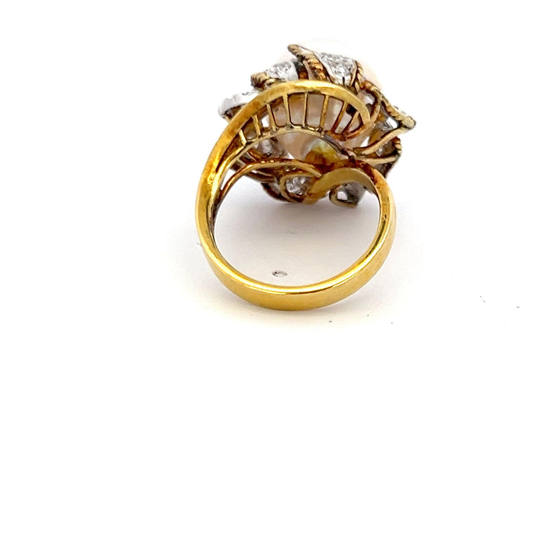 1.10 Carat Round Brilliant Diamond 16.2mm Pearl 18K Two Tone Gold Cocktail Ring