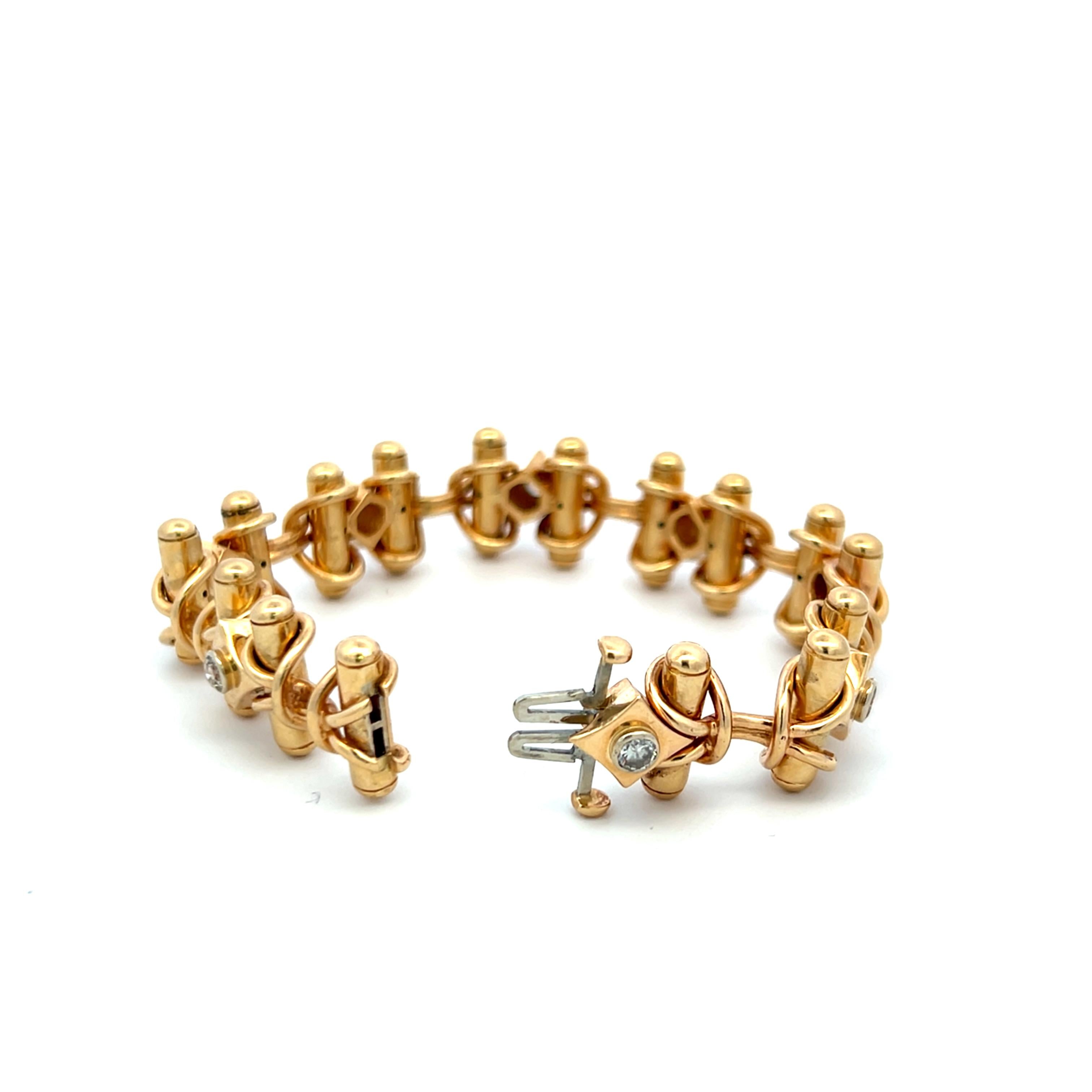 Vintage 18K Yellow Gold Link Bracelet with 1.2 Carat Round H-VS2 Diamonds