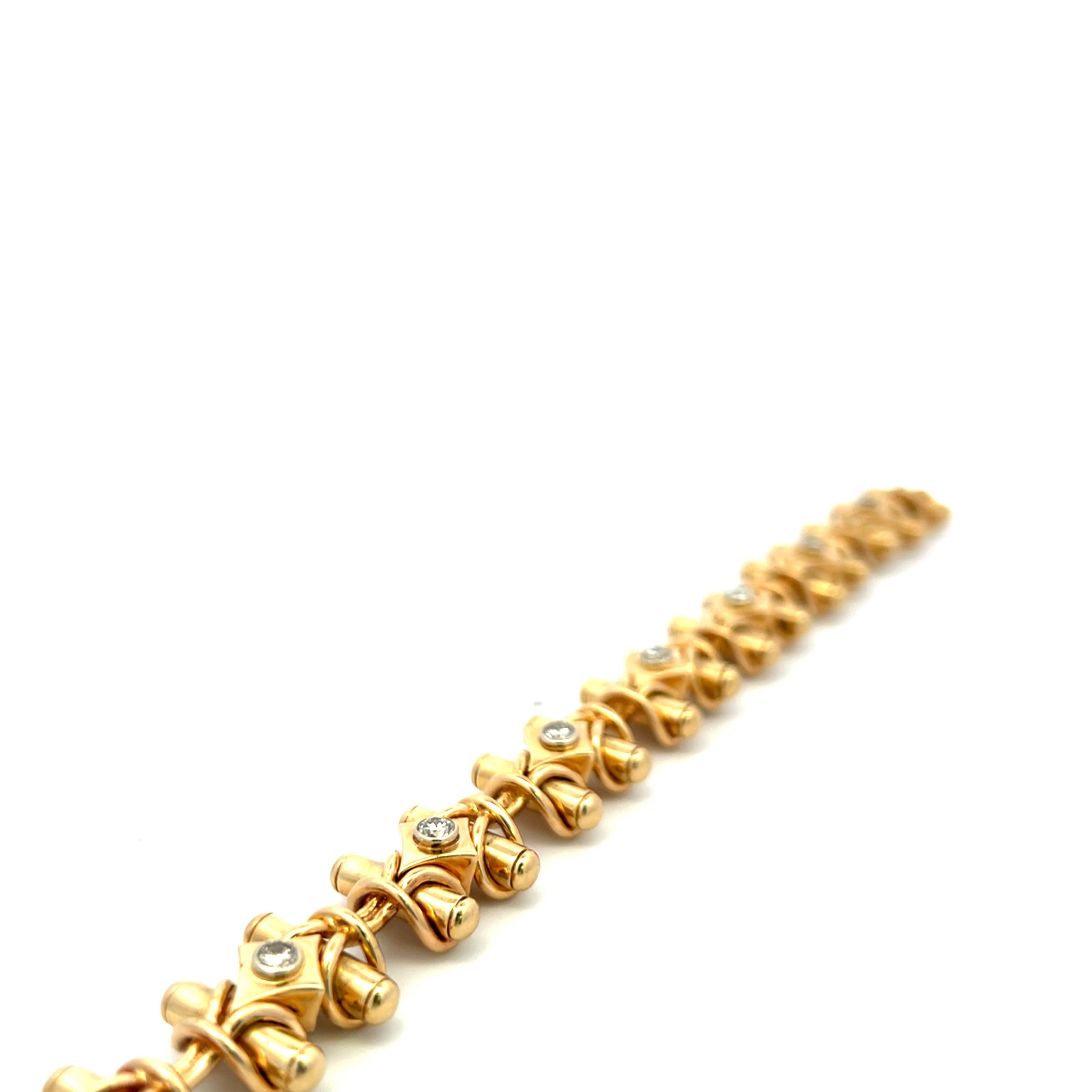 Vintage 18K Yellow Gold Link Bracelet with 1.2 Carat Round H-VS2 Diamonds