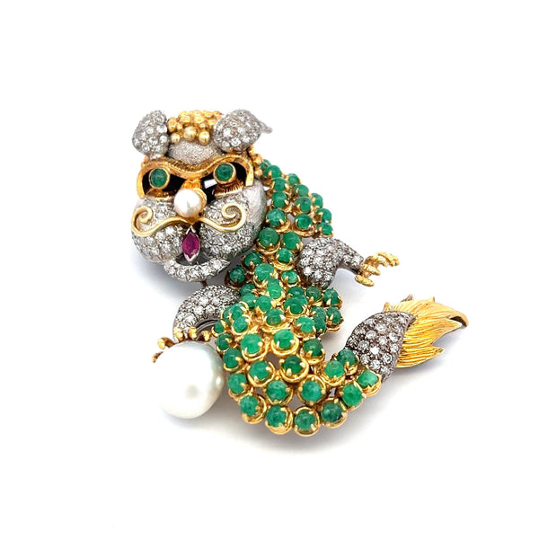 12.00 Carat Emerald 8.00 Carat Round Diamond 5.2MM Pearl 14K Gold Pin Brooch