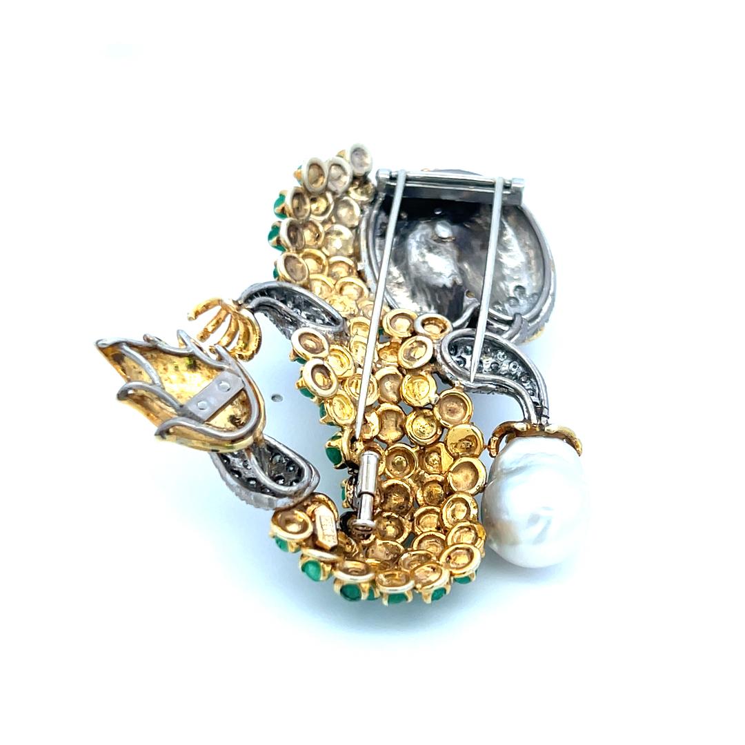 12.00 Carat Emerald 8.00 Carat Round Diamond 5.2MM Pearl 14K Gold Pin Brooch