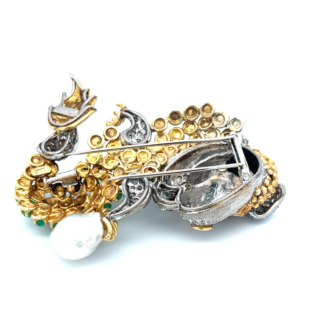 12.00 Carat Emerald 8.00 Carat Round Diamond 5.2MM Pearl 14K Gold Pin Brooch