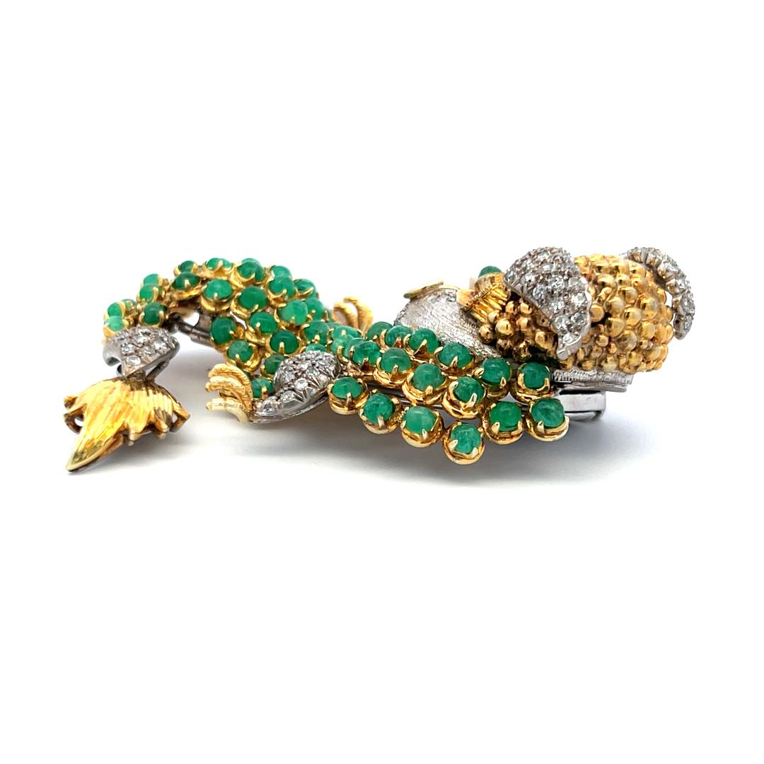 12.00 Carat Emerald 8.00 Carat Round Diamond 5.2MM Pearl 14K Gold Pin Brooch
